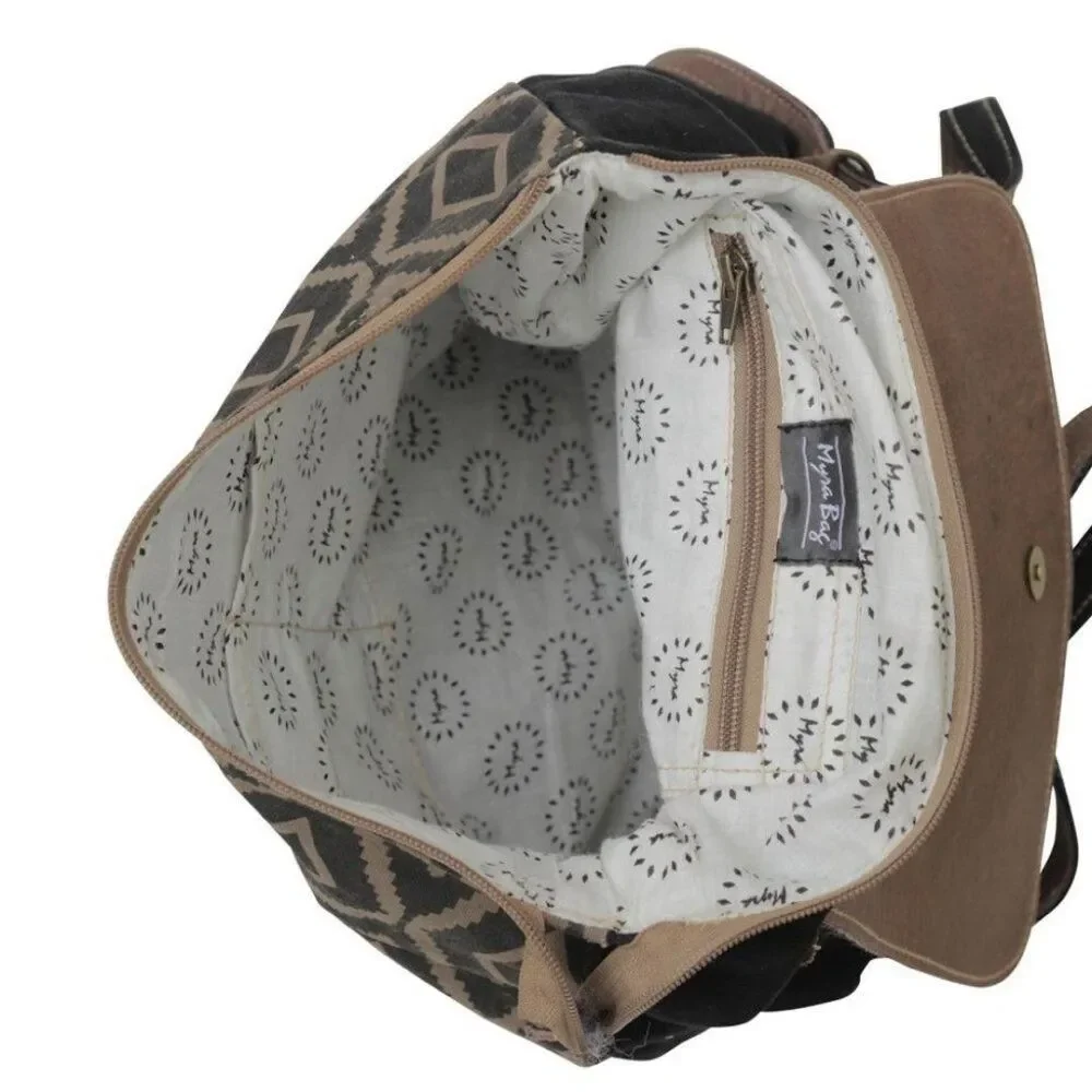 Myra Bag Handmade Mocha Backpack Upcycled Canvas & Cowhide Leather